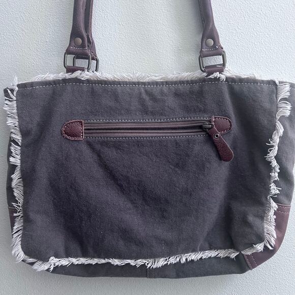 Myra Hairon Leather Canvas Leaf Print Western Boho Small Handbag Boho - Picture 3 of 12